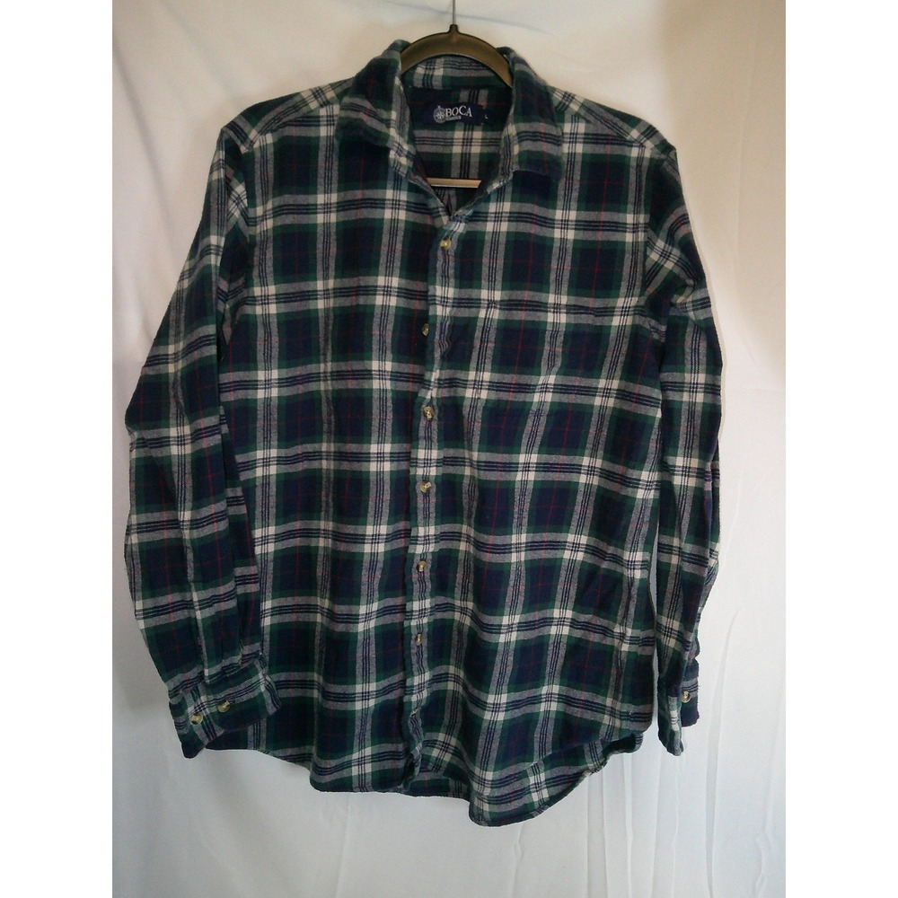 Boca Classics Mens L Tartan Plaid Flannel Long Sleeve Button Up Shirt Green Blue